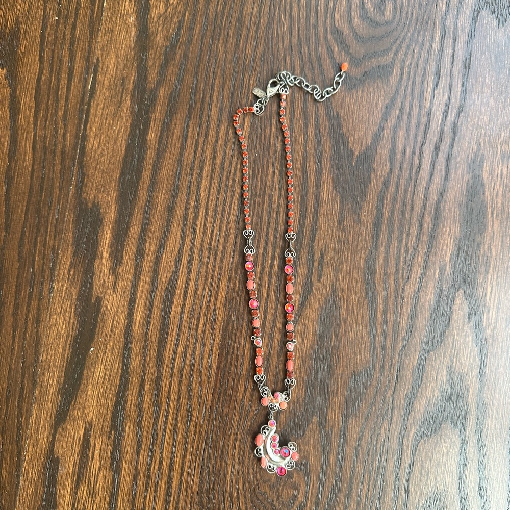 Vintage Mary Demarco crystal beaded necklace with a crescent moon pendant.